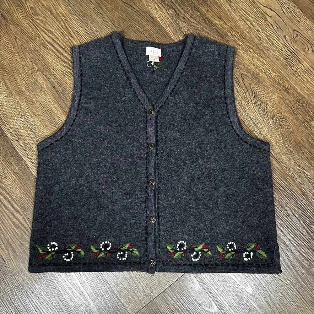 ALPS Gray Grey Wool Embroidered Floral Vest Metal Buttons XL